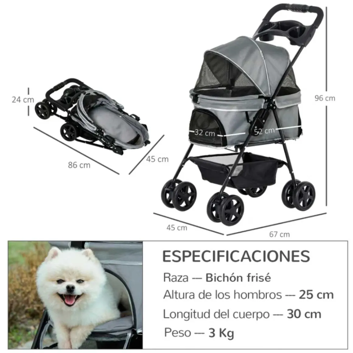 Carrito PawHut para mascotas plegable con toldo gris 96x45x67 cm