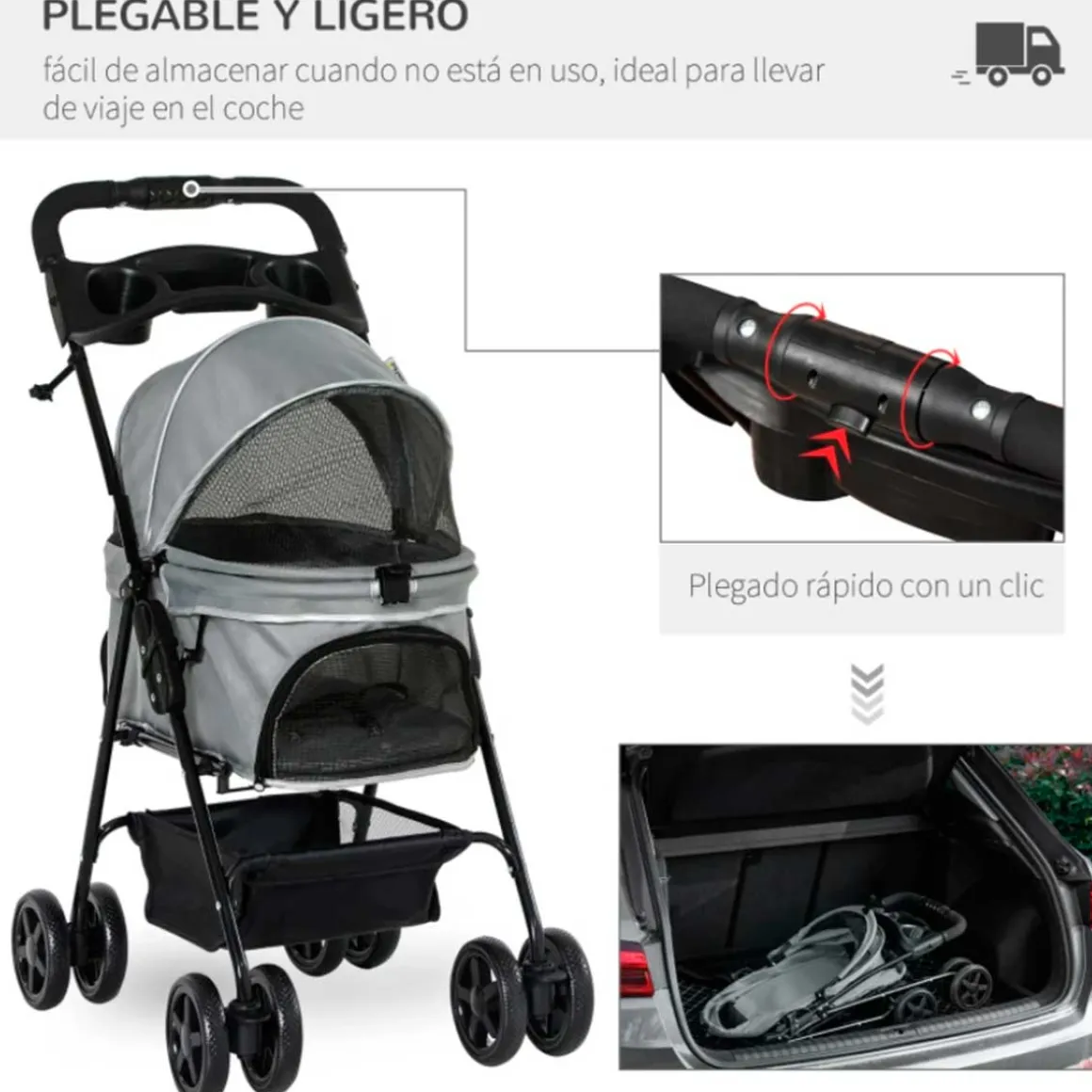 Carrito PawHut para mascotas plegable con toldo gris 96x45x67 cm