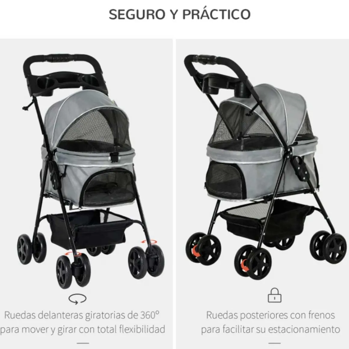 Carrito PawHut para mascotas plegable con toldo gris 96x45x67 cm