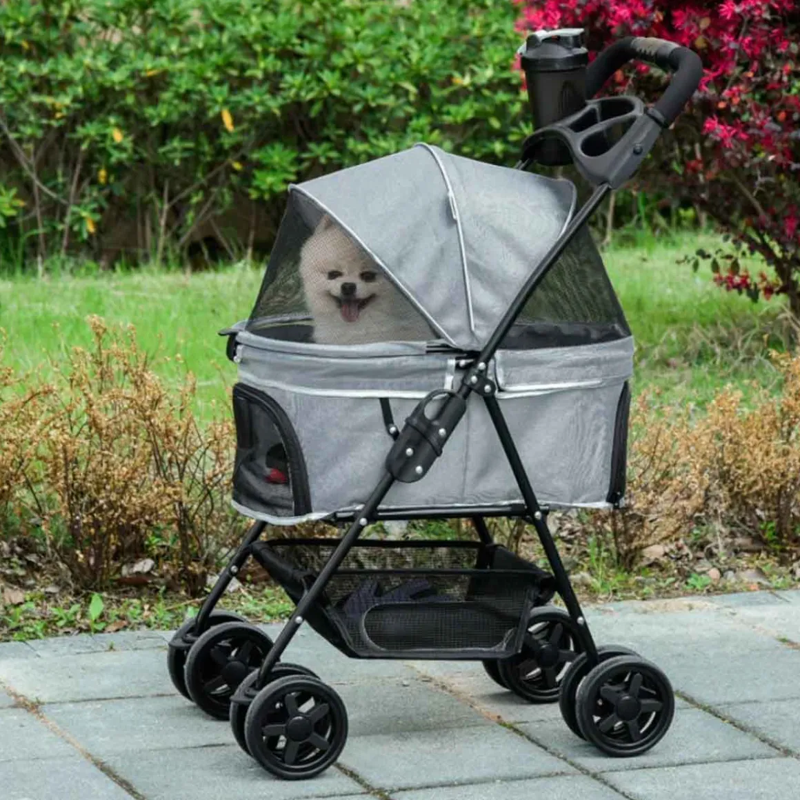 Carrito PawHut para mascotas plegable con toldo gris 96x45x67 cm