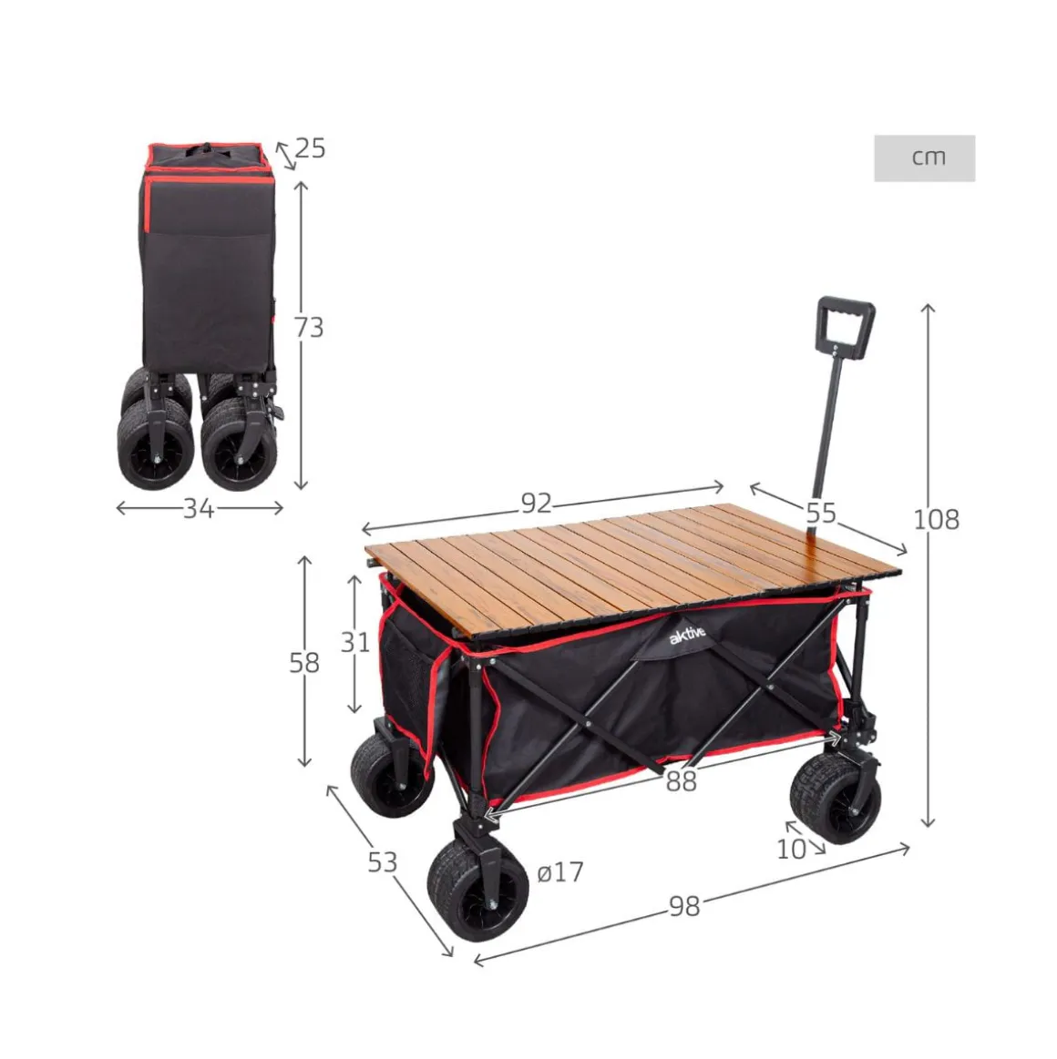 Carro de playa Aktive mesa desmontable + ruedas negro 58-108x88x47 cm
