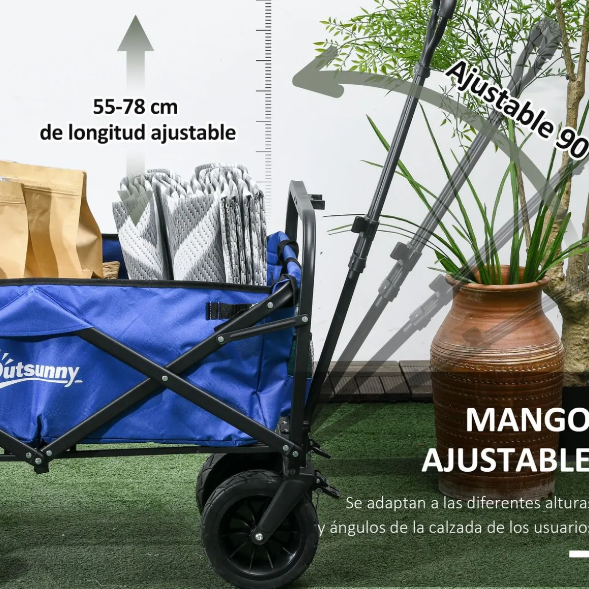 Carro multifuncional Jake Outsunny 100kg altura ajustable + plegable azul 77-100x94x57 cm