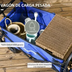 Carro multifuncional Jake Outsunny 100kg altura ajustable + plegable azul 77-100x94x57 cm