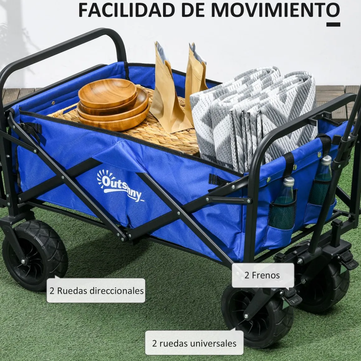Carro multifuncional Jake Outsunny 100kg altura ajustable + plegable azul 77-100x94x57 cm