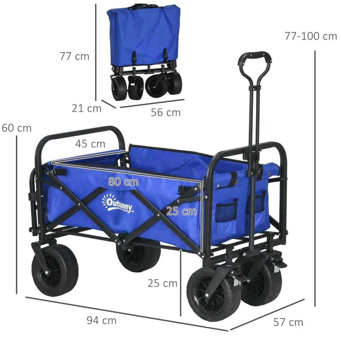 Carro multifuncional Jake Outsunny 100kg altura ajustable + plegable azul 77-100x94x57 cm