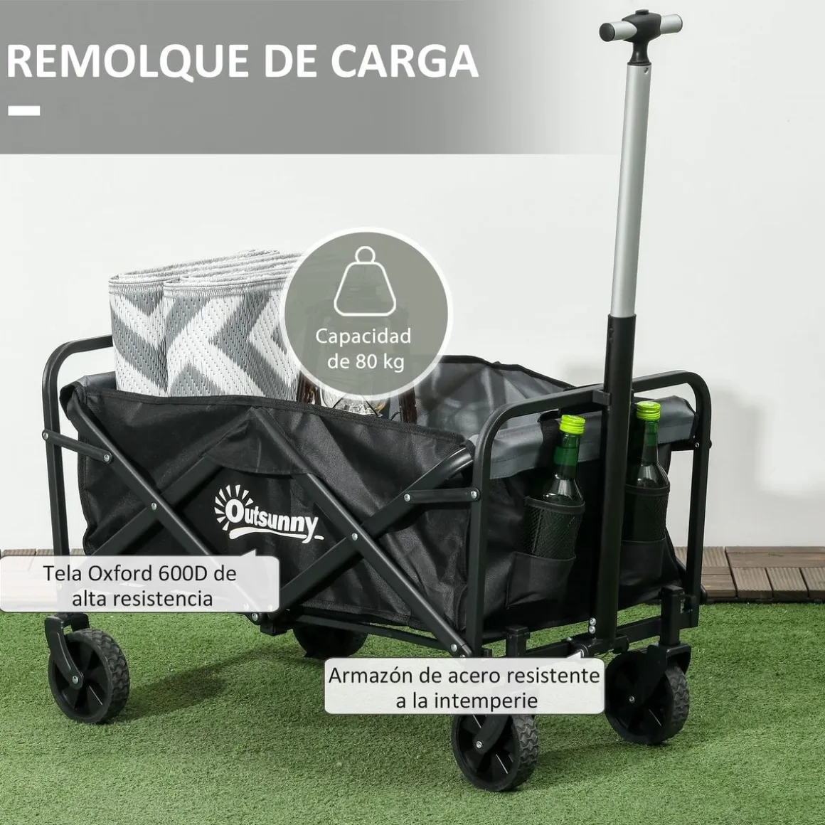 Carro multifuncional Mary Outsunny 80kg altura ajustable + plegable negro 63-93x77x50 cm
