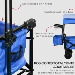 Carro multifuncional Mike Outsunny 68kg plegable + toldo azul 98x117x55 cm