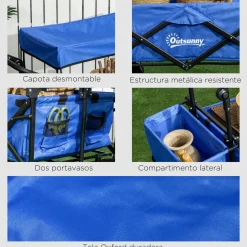 Carro multifuncional Mike Outsunny 68kg plegable + toldo azul 98x117x55 cm