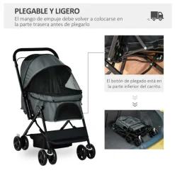 Carro para mascotas PawHut con toldo ajustable + cesta gris 95x52x76,5 cm