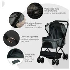 Carro para mascotas PawHut con toldo ajustable + cesta gris 95x52x76,5 cm