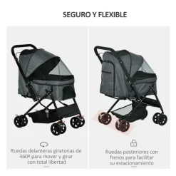 Carro para mascotas PawHut con toldo ajustable + cesta gris 95x52x76,5 cm