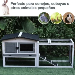 Casa para conejos PawHut de exterior 2 plantas gris 68x52,5x150 cm
