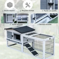 Casa para conejos PawHut de exterior 2 plantas gris 68x52,5x150 cm