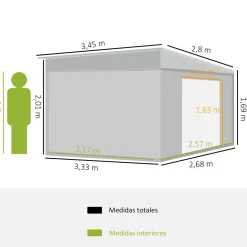 Caseta de jardín Boston Outsunny doble puerta corredera gris 201x280x345 cm