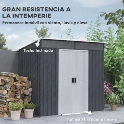 Caseta de jardín Coco Outsunny puertas correderas + ventana gris oscuro 160-181,5x195x122 cm