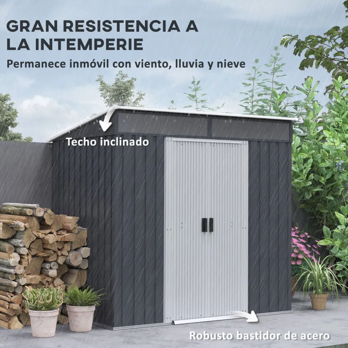 Caseta de jardín Coco Outsunny puertas correderas + ventana gris oscuro 160-181,5x195x122 cm