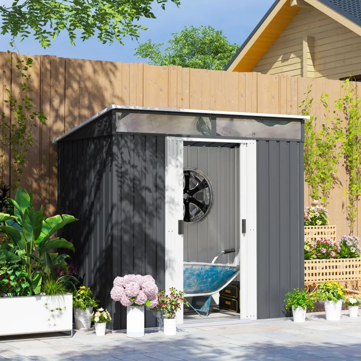 Caseta de jardín Coco Outsunny puertas correderas + ventana gris oscuro 160-181,5x195x122 cm