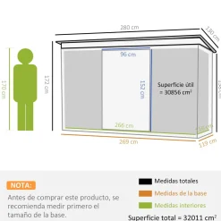 Caseta de jardín Darío Outsunny puertas correderas + ventilación negro 158-172x280x130 cm