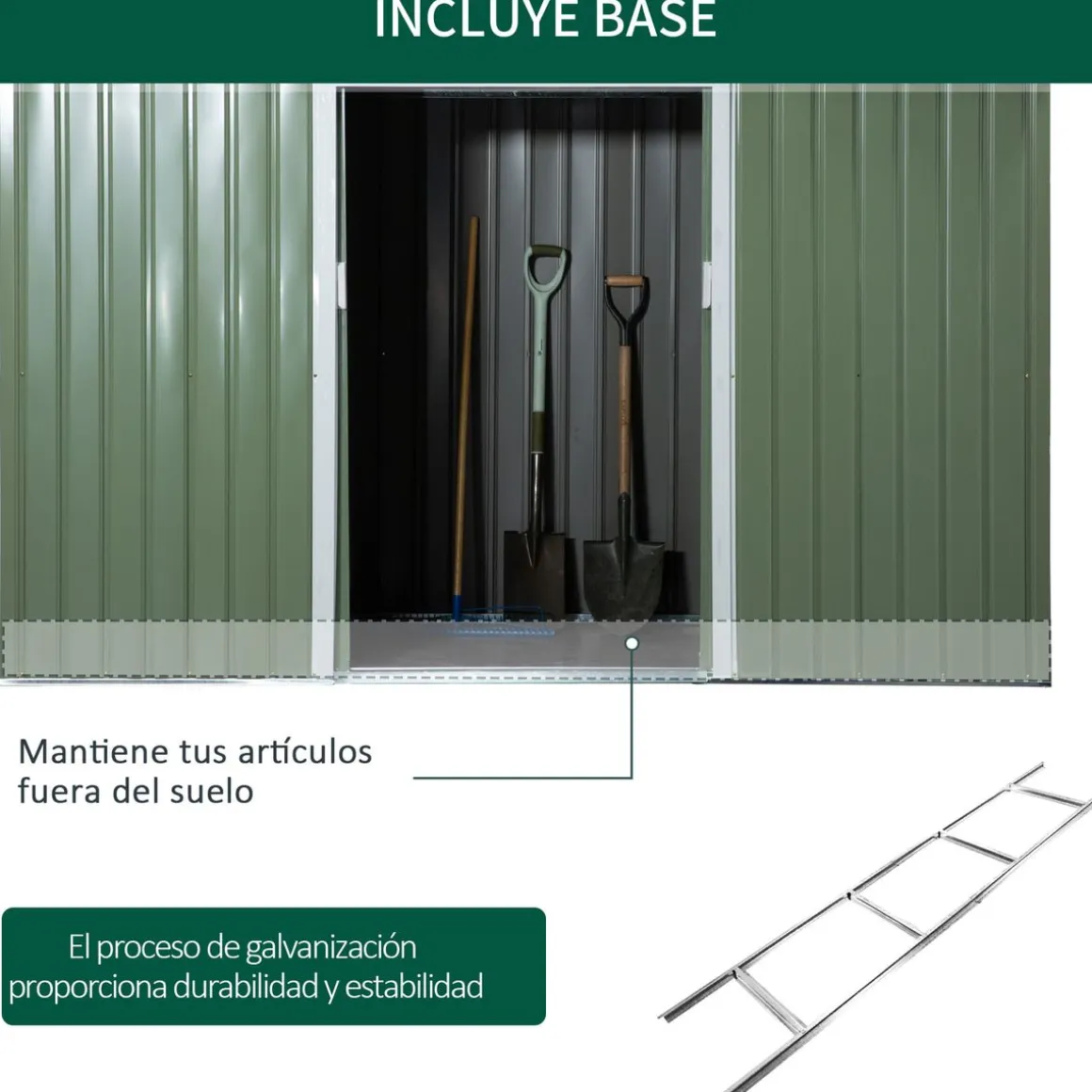 Caseta de jardín Diana Outsunny puertas correderas + ventilación verde 158-172x280x130 cm