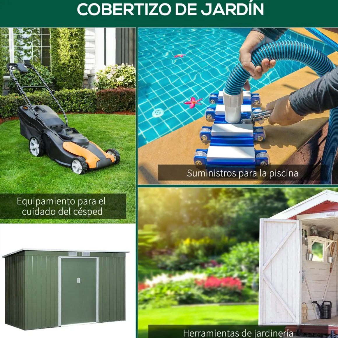 Caseta de jardín Diana Outsunny puertas correderas + ventilación verde 158-172x280x130 cm