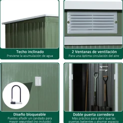 Caseta de jardín Diana Outsunny puertas correderas + ventilación verde 158-172x280x130 cm