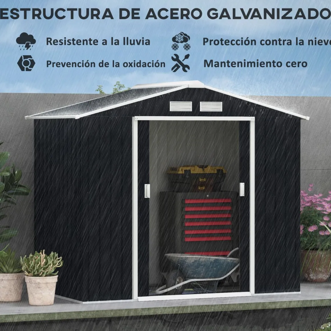 Caseta de jardín Ontario Outsunny puertas correderas gris oscuro 185x213x130 cm