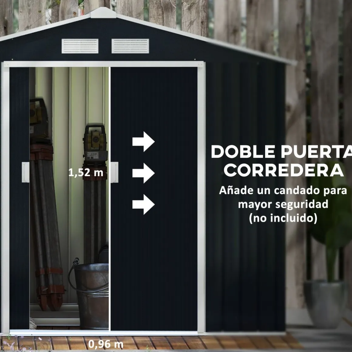 Caseta de jardín Ontario Outsunny puertas correderas gris oscuro 185x213x130 cm