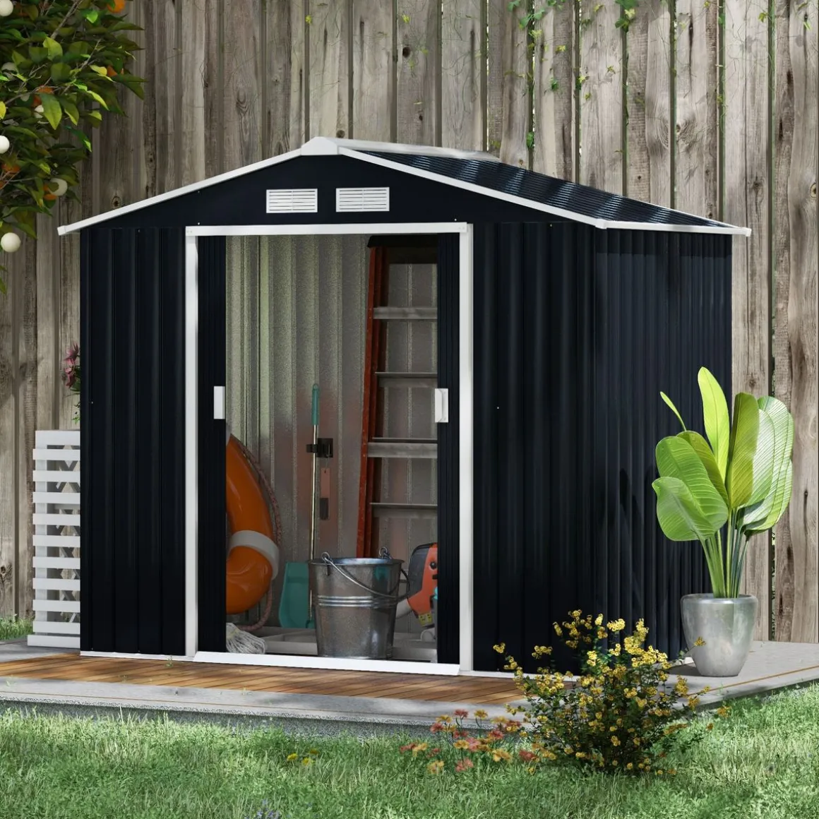 Caseta de jardín Ontario Outsunny puertas correderas gris oscuro 185x213x130 cm