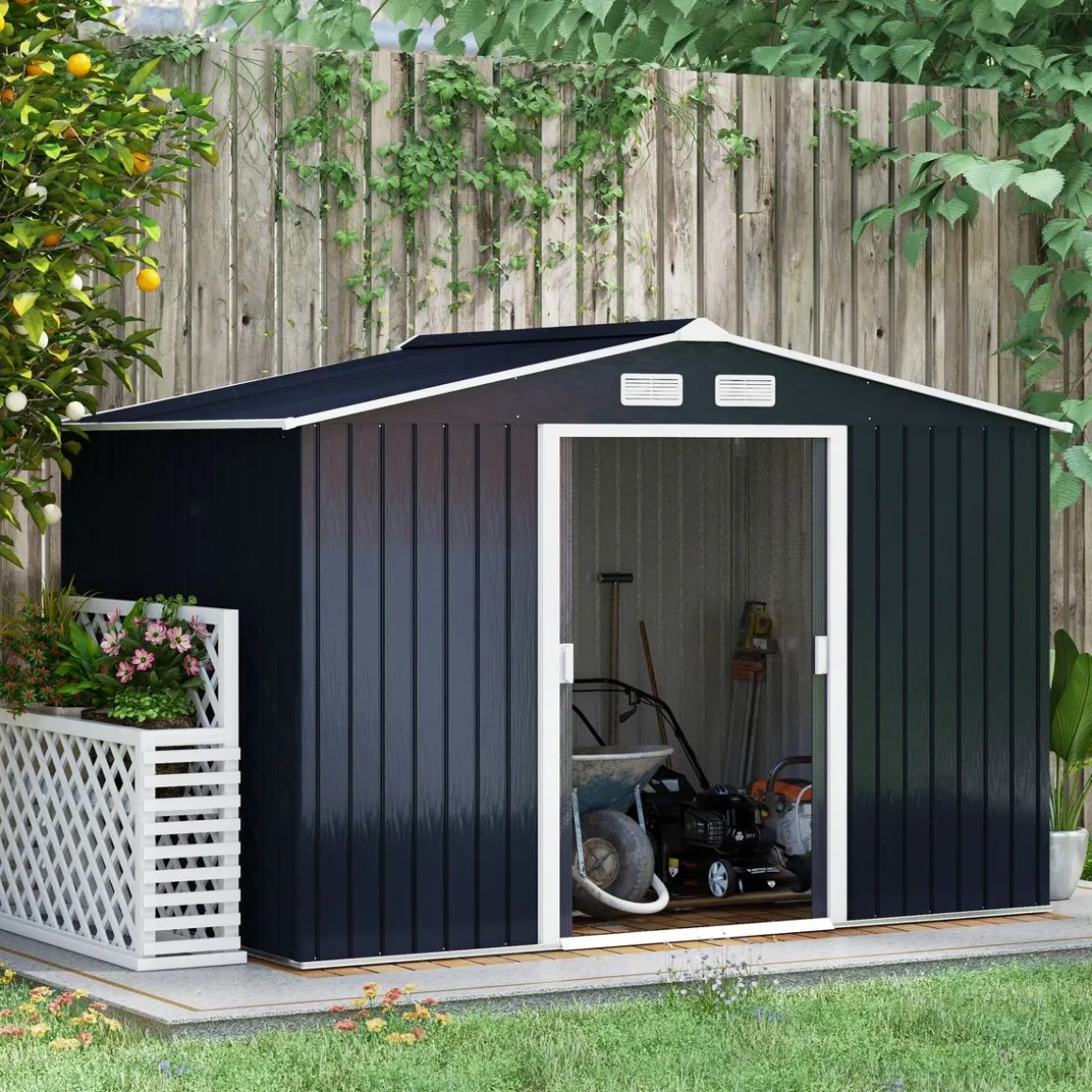 Caseta de jardín Oregón Outsunny puertas correderas gris 196x277x195 cm