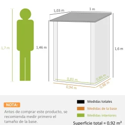 Caseta de jardín Quebec Outsunny puertas + ventilación + techo inclinado 156x236x174 cm