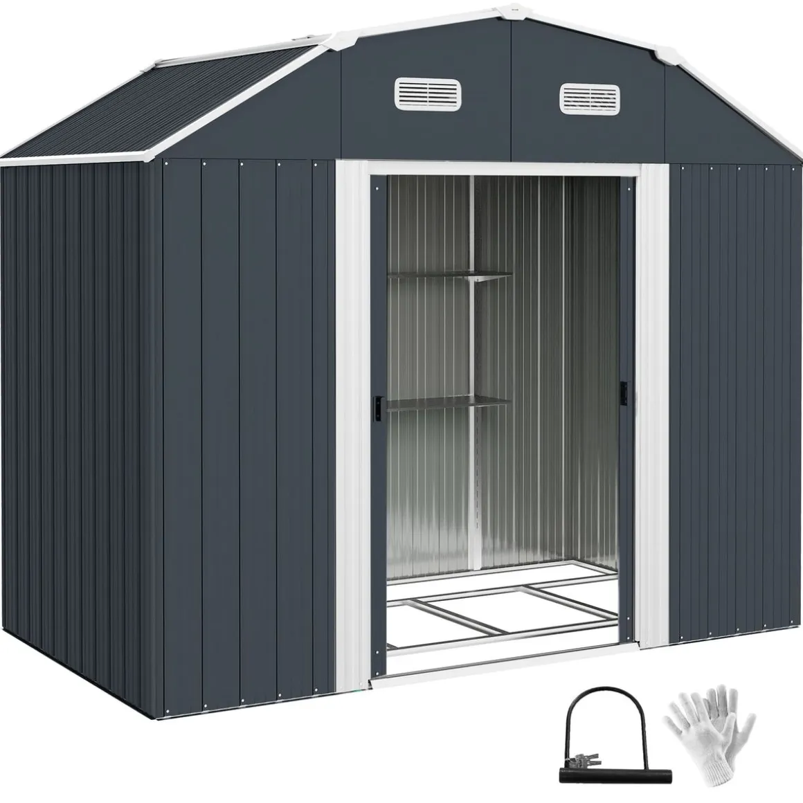 Caseta de jardín Toronto Outsunny puertas correderas + ventilación gris 198,5x238x132 cm