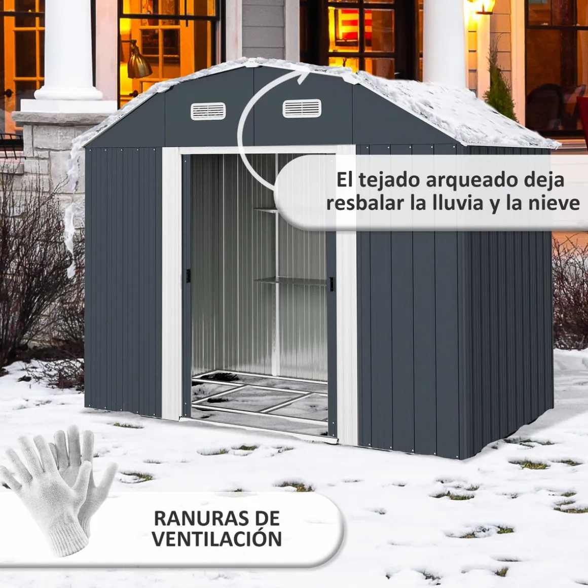Caseta de jardín Toronto Outsunny puertas correderas + ventilación gris 198,5x238x132 cm