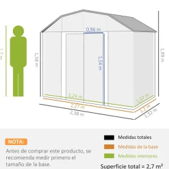 Caseta de jardín Toronto Outsunny puertas correderas + ventilación gris 198,5x238x132 cm