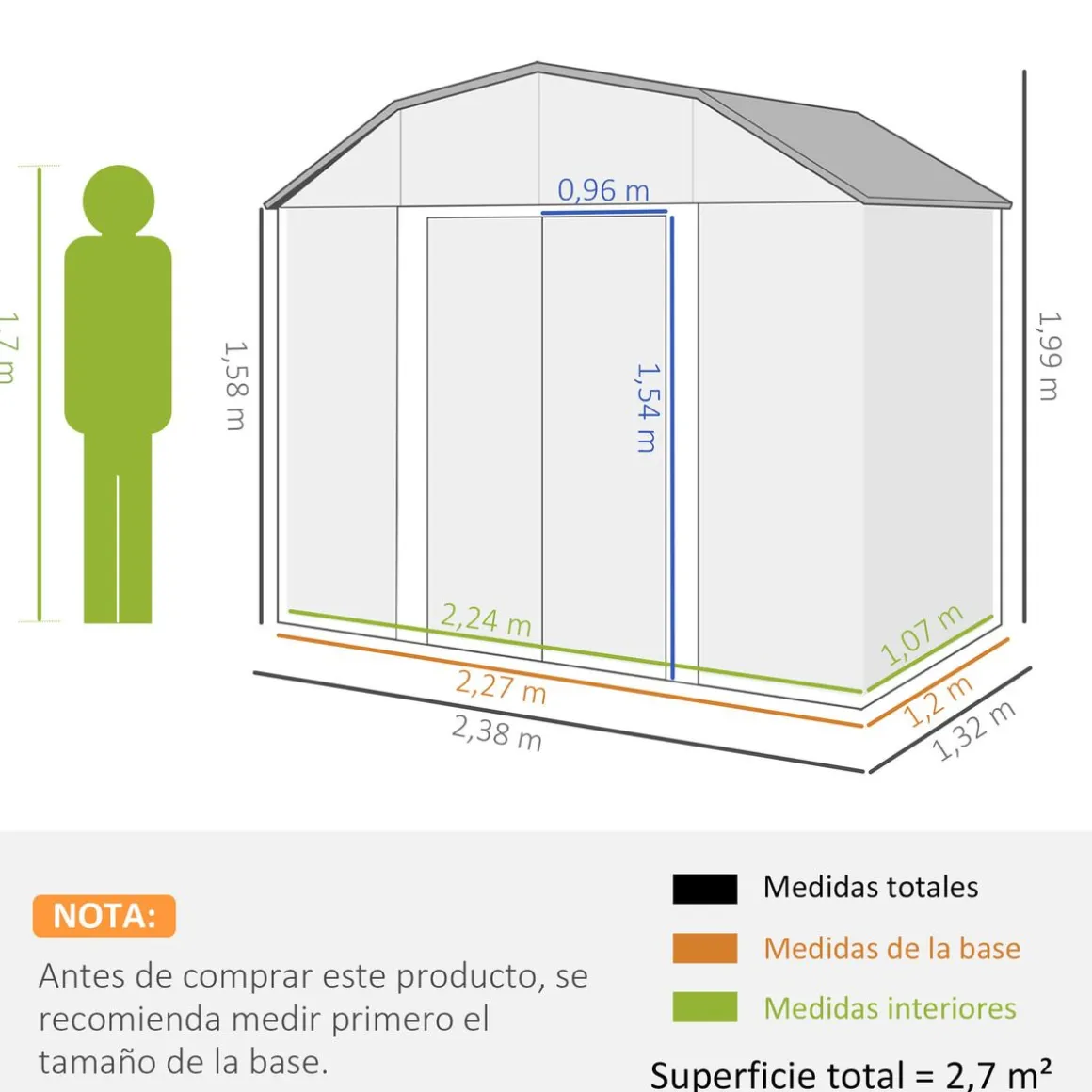 Caseta de jardín Toronto Outsunny puertas correderas + ventilación gris 198,5x238x132 cm