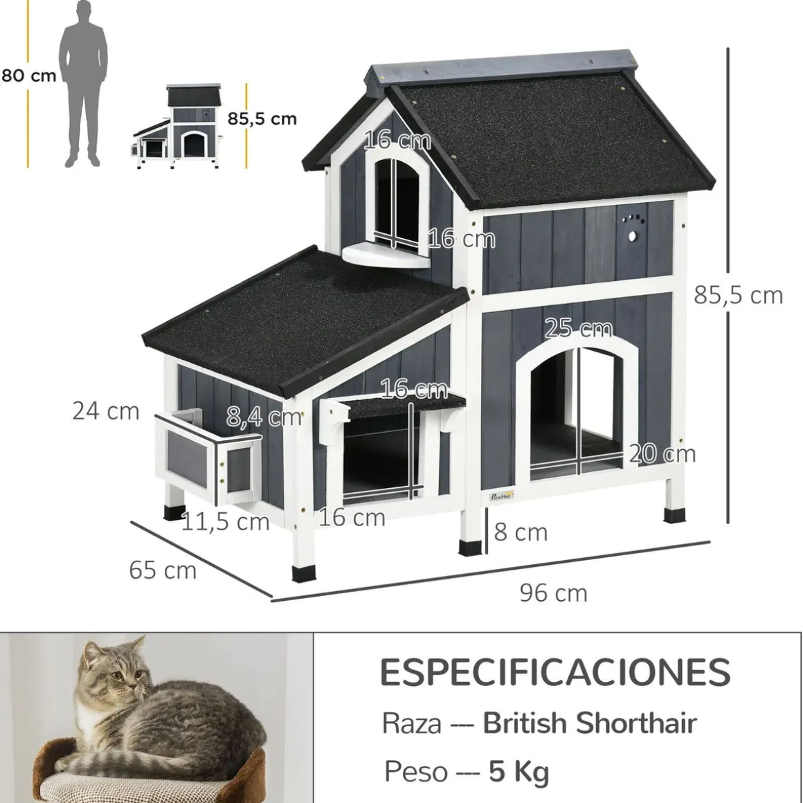 Caseta para gatos Cozy PawHut 1 puerta + 3 ventanas + macetero gris/blanco 85,5x96x65 cm