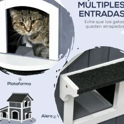Caseta para gatos Cozy PawHut 1 puerta + 3 ventanas + macetero gris/blanco 85,5x96x65 cm