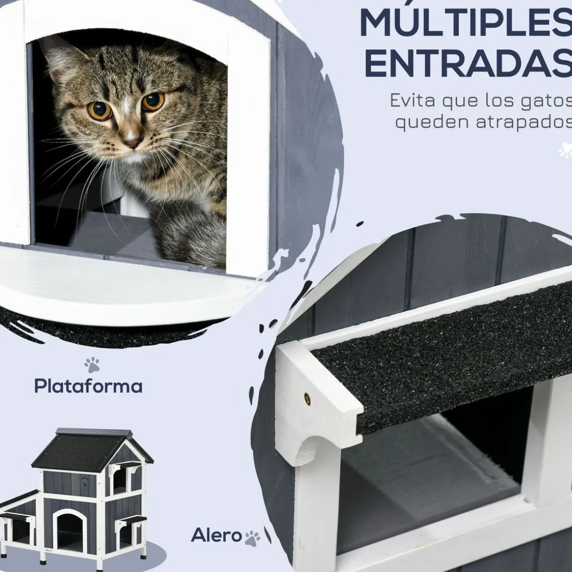 Caseta para gatos Cozy PawHut 1 puerta + 3 ventanas + macetero gris/blanco 85,5x96x65 cm