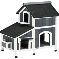 Caseta para gatos Cozy PawHut 1 puerta + 3 ventanas + macetero gris/blanco 85,5x96x65 cm