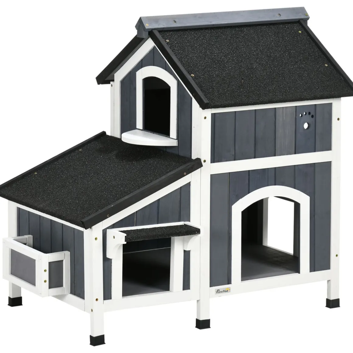Caseta para gatos Cozy PawHut 1 puerta + 3 ventanas + macetero gris/blanco 85,5x96x65 cm