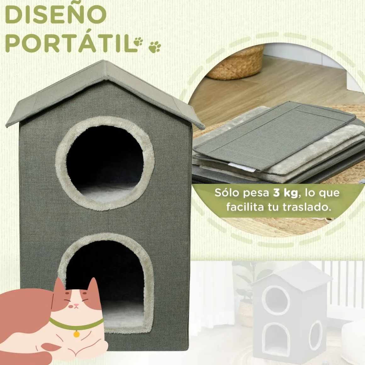 Caseta para gatos Soft PawHut 1 puerta + 2 ventanas + 2 cojines gris 59,5x42x46 cm