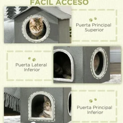 Caseta para gatos Soft PawHut 1 puerta + 2 ventanas + 2 cojines gris 59,5x42x46 cm