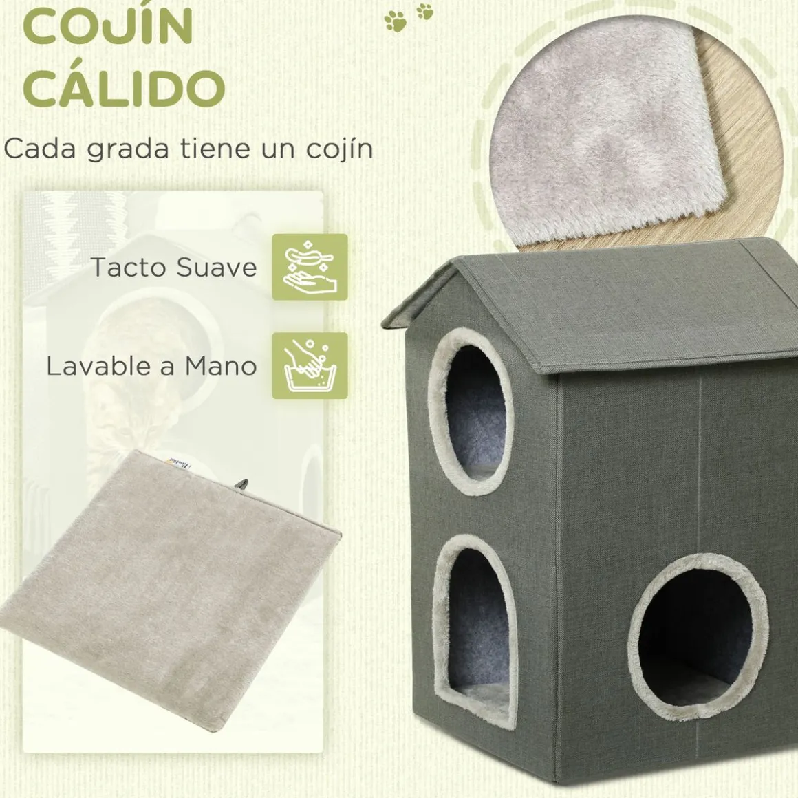 Caseta para gatos Soft PawHut 1 puerta + 2 ventanas + 2 cojines gris 59,5x42x46 cm