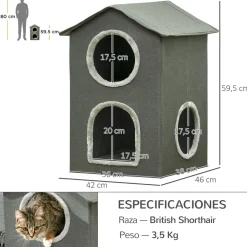 Caseta para gatos Soft PawHut 1 puerta + 2 ventanas + 2 cojines gris 59,5x42x46 cm