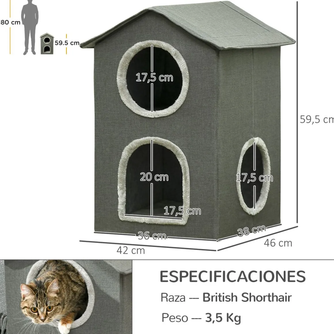 Caseta para gatos Soft PawHut 1 puerta + 2 ventanas + 2 cojines gris 59,5x42x46 cm
