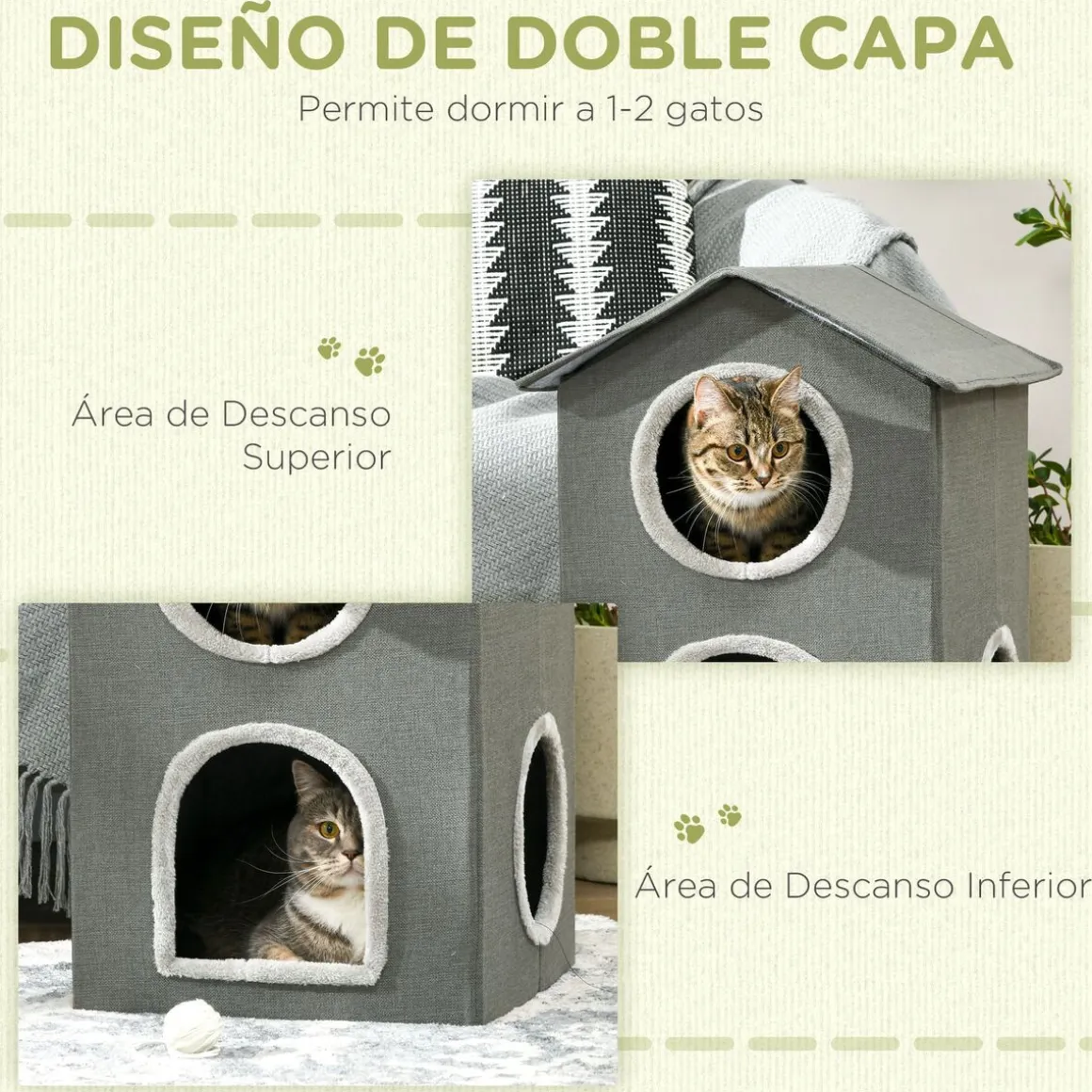 Caseta para gatos Soft PawHut 1 puerta + 2 ventanas + 2 cojines gris 59,5x42x46 cm