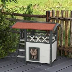 Caseta para gatos Tom PawHut balcón + escalera + puerta blanco/rojo 73x77x50 cm