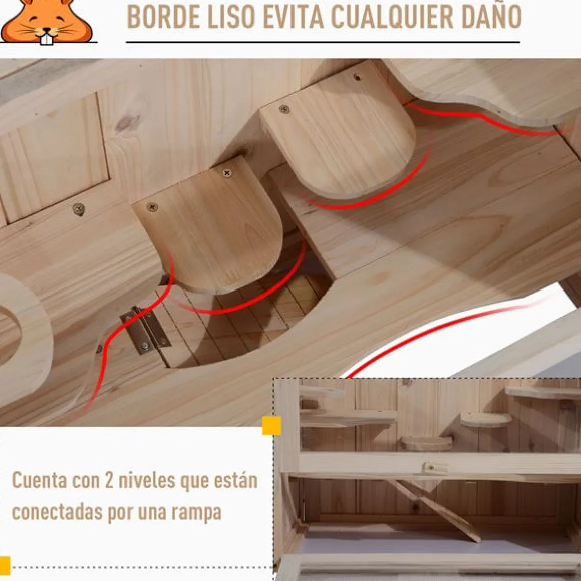 Caseta para hamsters PawHut 2 niveles madera natural 42x60x35 cm