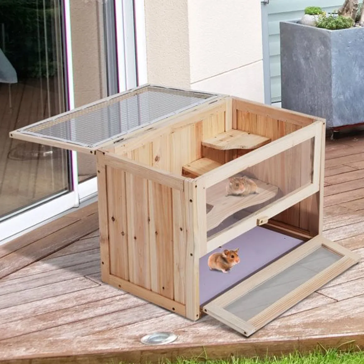 Caseta para hamsters PawHut 2 niveles madera natural 42x60x35 cm