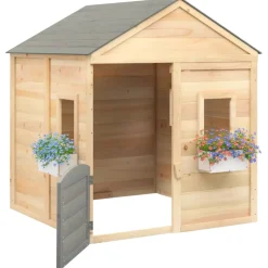 Casita de juegos de madera 3-12 años puerta con cierre y maceteros madera/gris