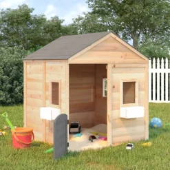 Casita de juegos de madera 3-12 años puerta con cierre y maceteros madera/gris
